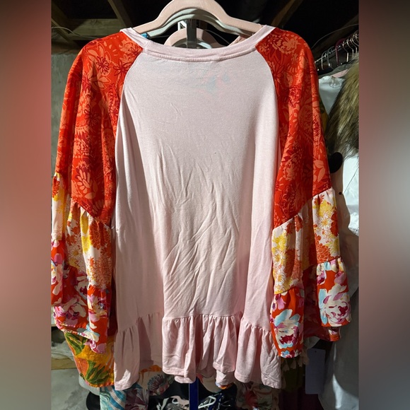 The Pioneer Woman Blush Pink Top with Colorful Floral Sleeves - Picture 2 of 6